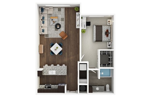 A top-down view of a small apartment with a kitchen, living room, and bedroom.